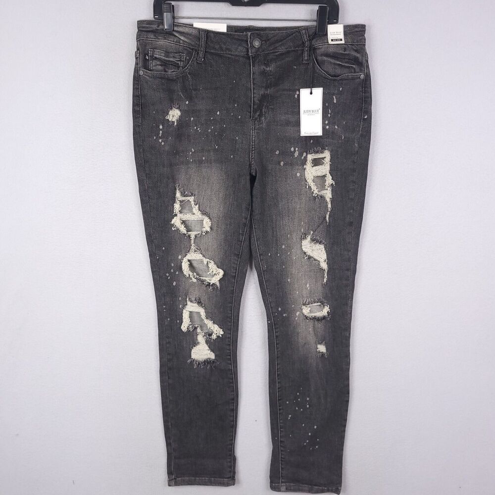 Judy Blue Jeans Womens Boyfriend Fit Distressed Splattered Black 15/32 Mid Rise